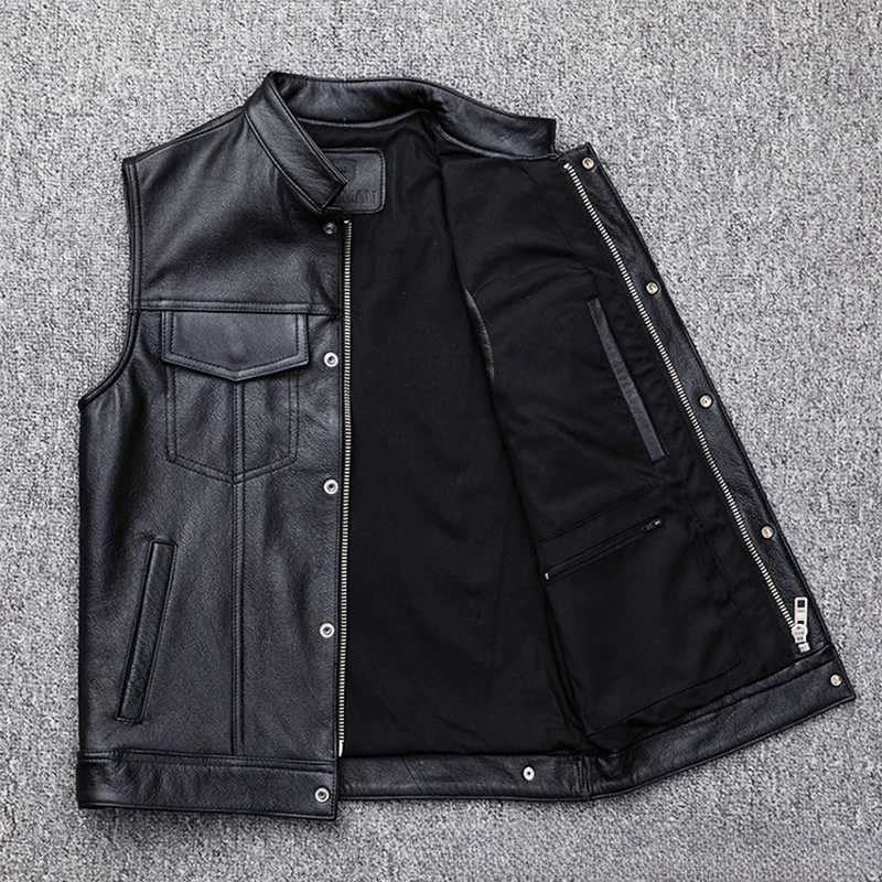 2024 New Men's Leather Vest Zipper Button Casual Motorcycle Vest Men's Punk Rock Sleeveless Leather Tops