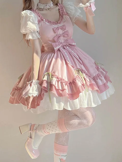 Vestido de empregada rosa Lolita para mulheres, traje Cosplay