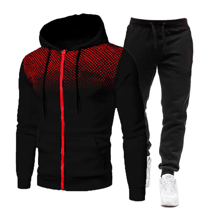 2023 New Autumn And Winter Men'S Zipper Hooded Sweatshirt Suit Fashionable Polkadot Print Casual Fitness Jogging Sportswear Suit