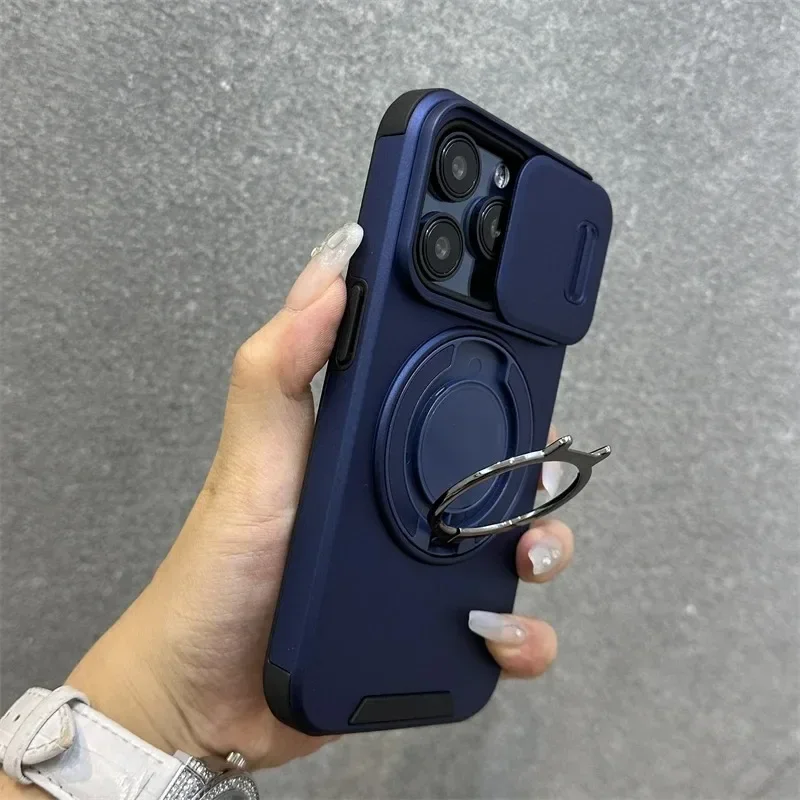 Luxury Heavy-Duty Rugged Armor Magnetic Bracket Case For iPhone 16 15 14 13 12 11 Pro Max Plus Slide Camera Protection PC Cover 2