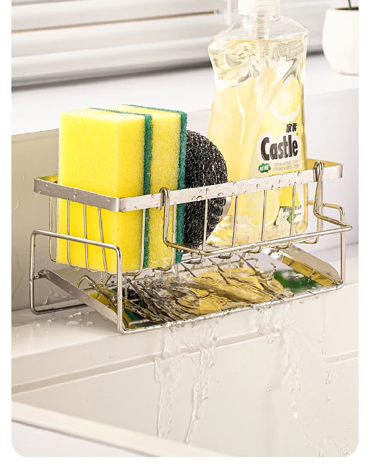Waschbecken-Reinigungswerkzeuge, Aufbewahrungsregal für die Küche, multifunktionales Abflussregal aus Edelstahl für Schwammreiniger, Organizer, Lappenbügel – Detail 6