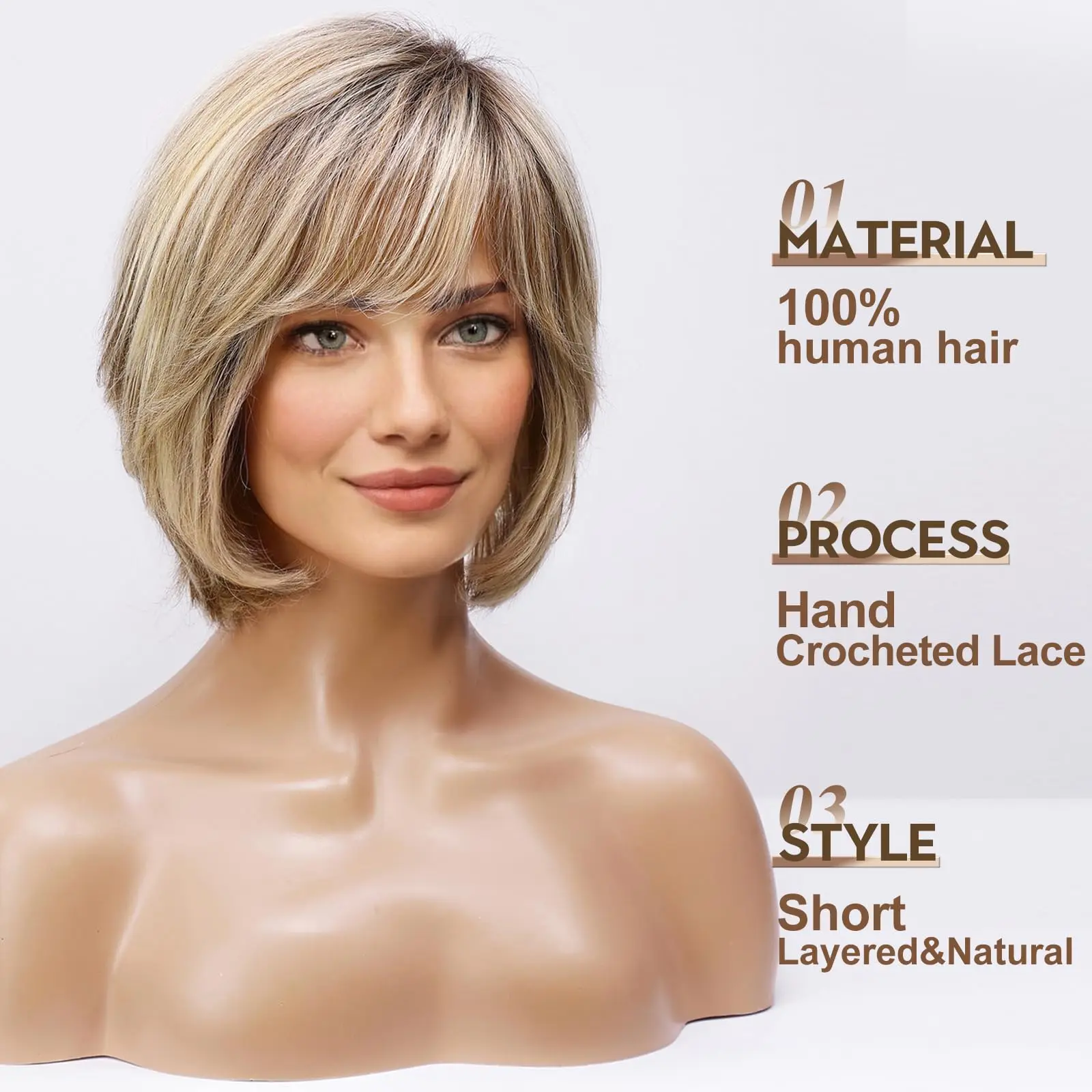 Human Hair Lace Front Wigs Ombre Mixed Blonde Short Layered Natural Wavy Bob Remy for White Women Daily Use