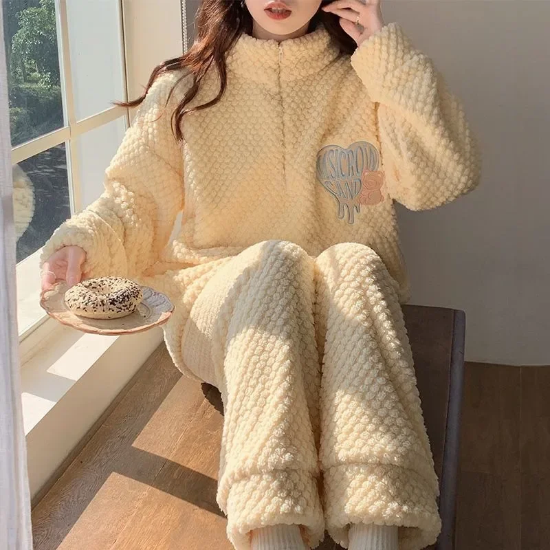 цена 2024 New Coral Velvet Zippered Pajamas for Women Autumn Winter Thickened Plush Loungewear Warm Stand Collar Loose Homewear