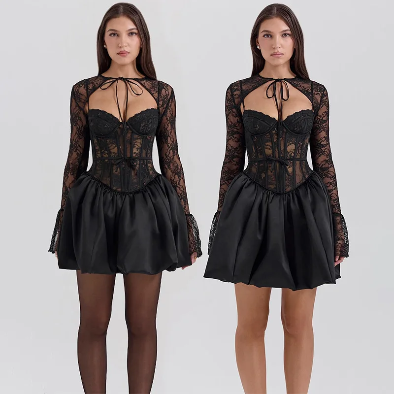 Fantoye Sexy Durchsichtig Spitze Zwei Stück Sets Frauen Kleid Schwarz Langarm A-line Kleid Weibliche Herbst Neue Elegante Party Clubwear – Detail 7