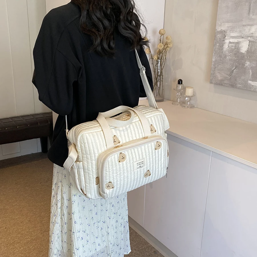 Cute Bear Flower Embroidery Pattern Baby Beige Cotton Fabric Zipper Diaper Handbag New Luggage Bag 3