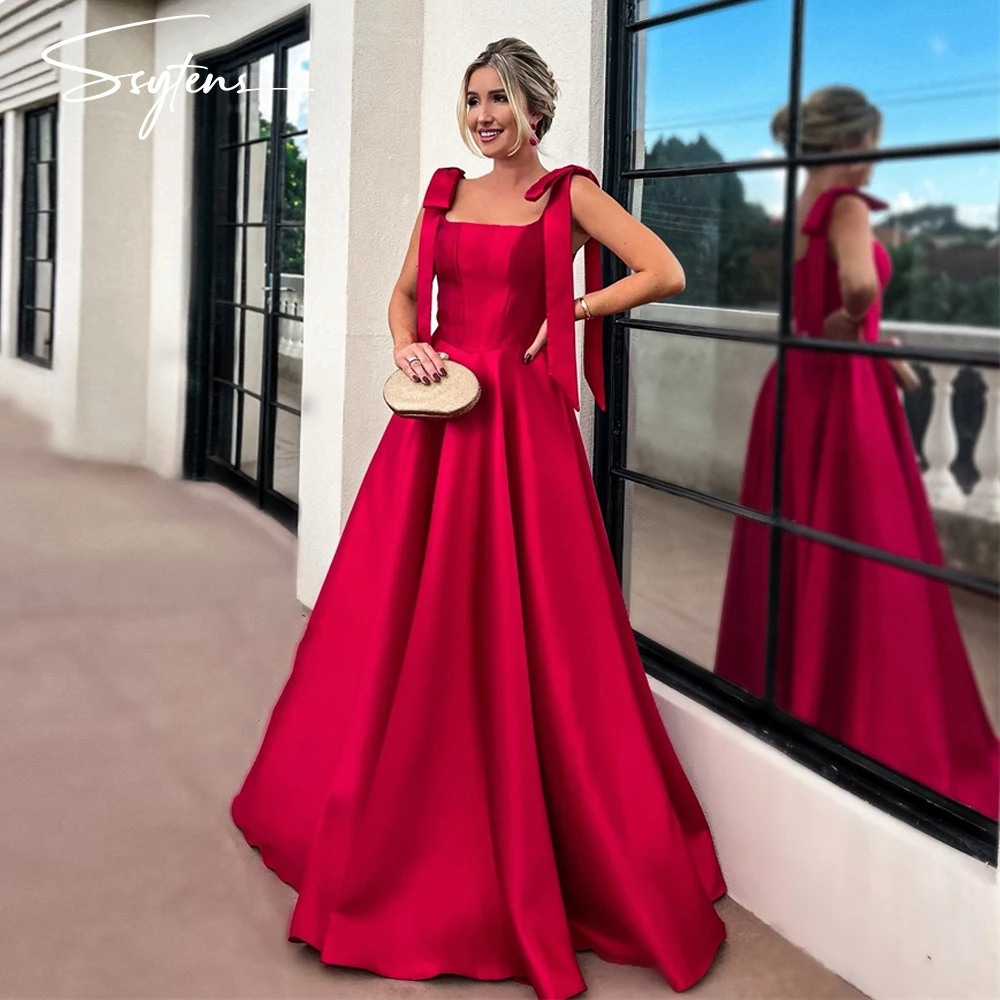 Elegant Red Celebrity Evening Dresses Long Women Plus Size Party Gowns Straps With Bow