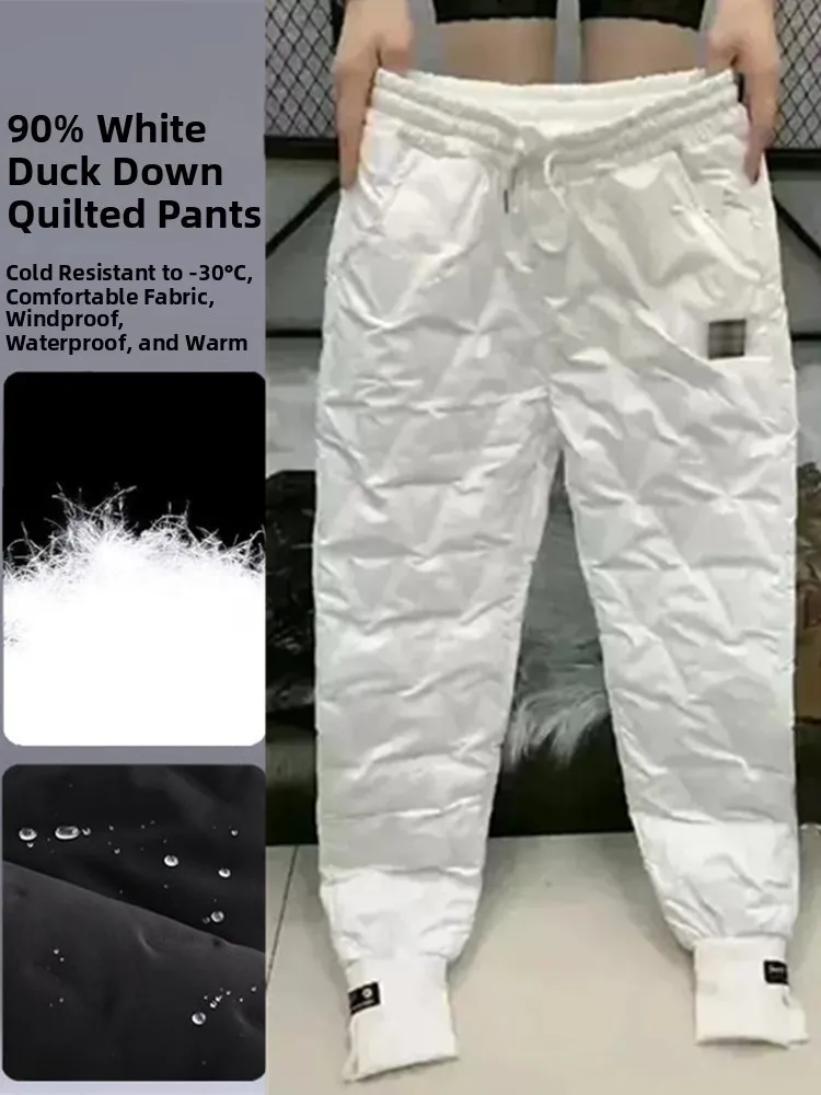 Women's Outdoor High Waist Thiened down Trousers Winter Warm Waterproof Cuffed Cotton Pants Korean Sle Commute Wind