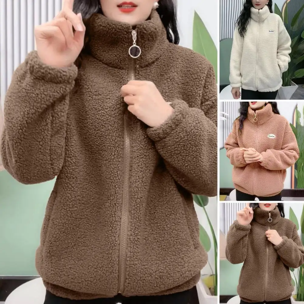 

Women Warm Outerwear Cozy Sherpa Winter Coat for Women Warm Fuzzy Stand Collar Outwear with Zipper Closure Dual Pockets Women