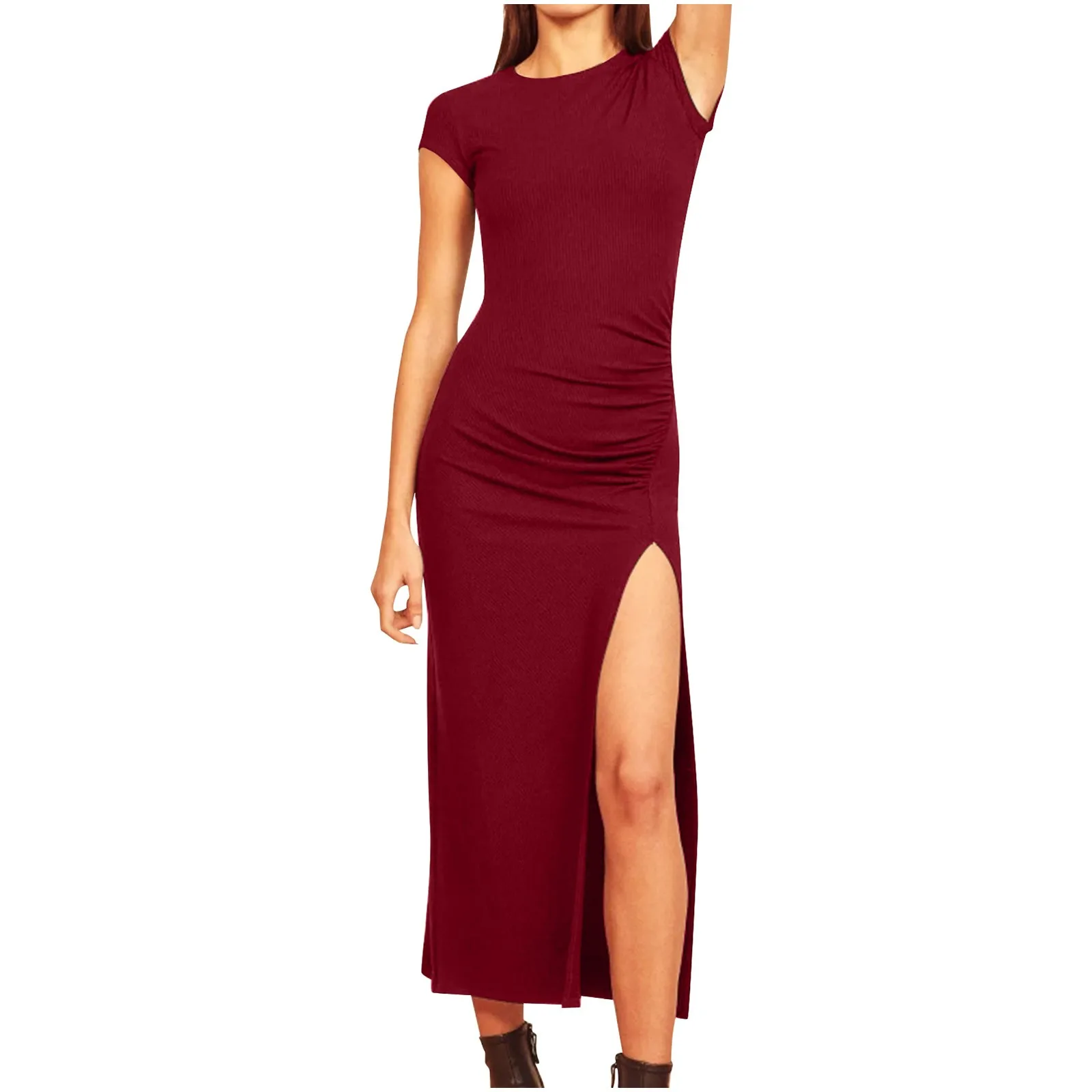

European And Border New Women's Clothing Mature Sexy Round Neck Bag Hip Slit Solid Color Sleeveless Slim Dress Dress Solid Color