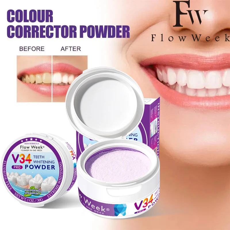 

V34 Purple Teeth Whitening Powder Fresh Breath Odour Yellow Stains Tartar Removal Dental Cleaning Color Corrector Tooth Whitener