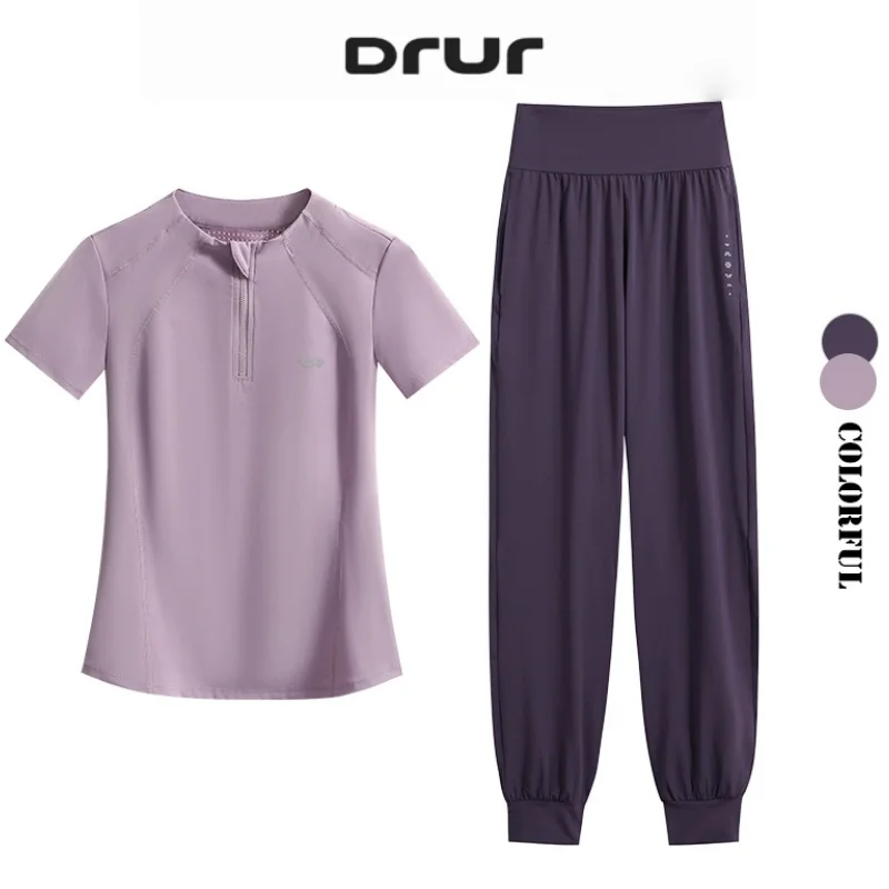 DRUR S-4XL Summer Yoga Pants Set Women Two Piece Breathable Lightweight Running Suit Sport Outfit Yogawear 2 pcs Gym Clothing 1