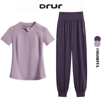 DRUR S-4XL Summer Yoga Pants Set Women Two Piece Breathable Lightweight Running Suit Sport Outfit Yogawear 2 pcs Gym Clothing 1