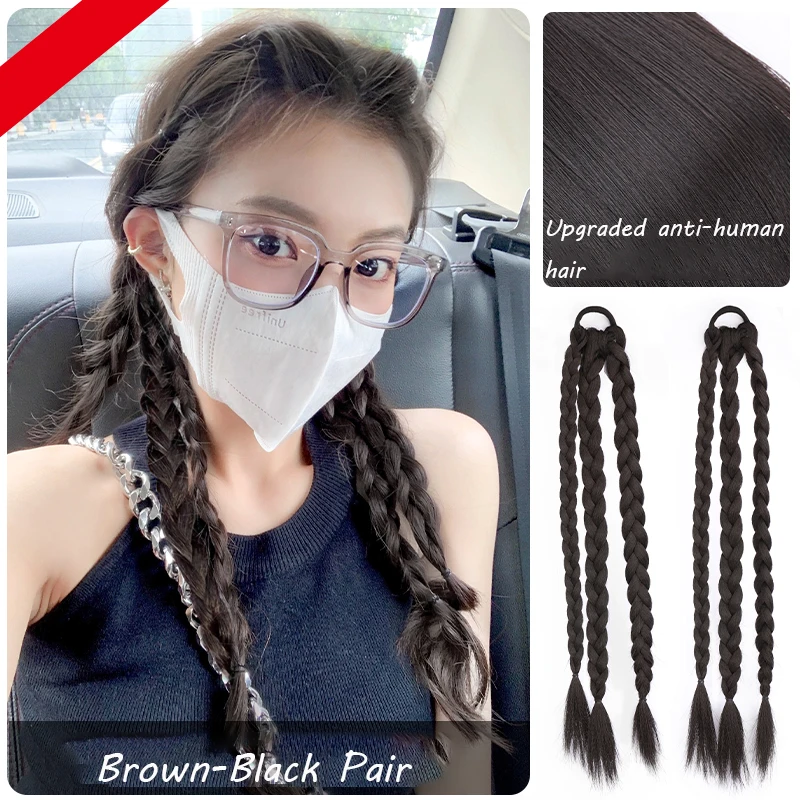 Ponytail Extensions Synthetic Boxing Braids Wrap Around Chignon Tail With Rubber Band Hair Ring Brown Black Ombre Braid