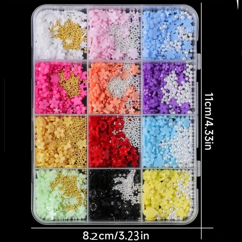12Grids(1500pcs) 3D 수지 꽃 네일 참 + 골드/실버 스틸 비즈 DIY 네일 디자인을위한 3/6mm 다채로운 꽃 네일 장식