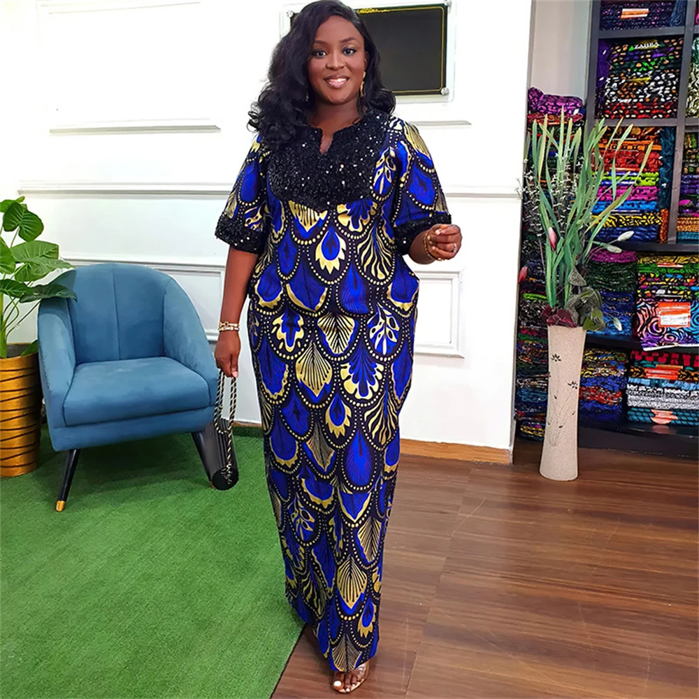 

Plus Size Satin Printed African Dresses for Women Sequins Evening Party Maxi Dress Ankara Dashiki Africa Clothing Kaftan Abaya