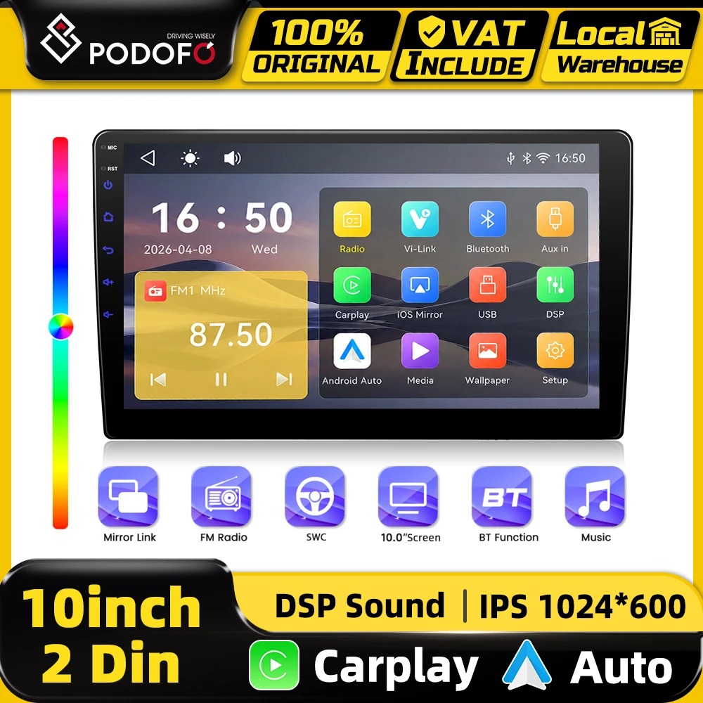 Système multimédia intelligent pour voiture Podofo 10 pouces, lecteur de voiture sans fil CarPlay, système intelligent pour voiture, lecture de vidéos YouTube, lien miroir, FM RDS 2-Din 1 Système multimédia intelligent pour voiture Podofo 10 pouces, lecteur de voiture sans fil CarPlay, système intelligent pour voiture, lecture de vidéos YouTube, lien miroir, FM RDS 2-Din 1
