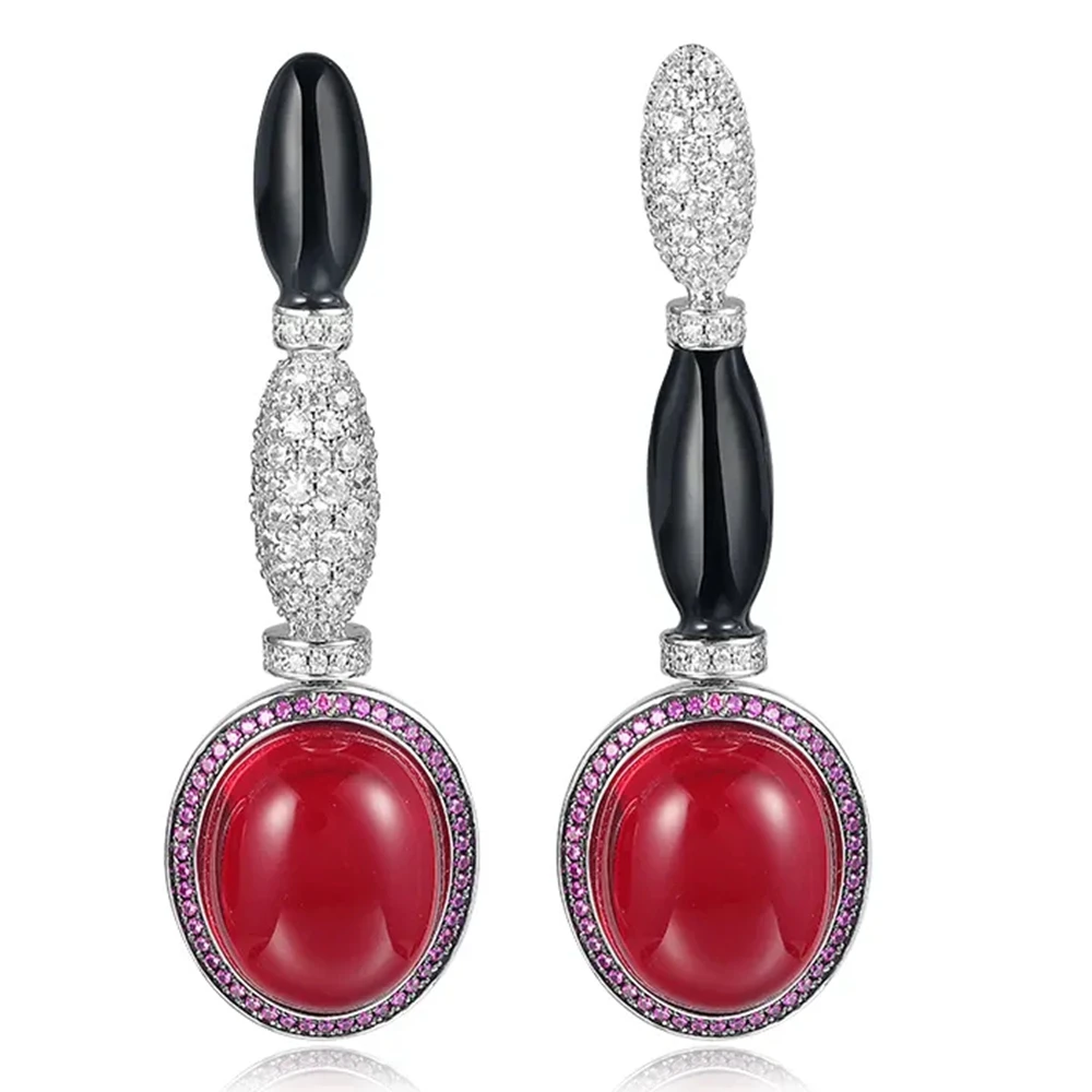 

KQDANCE Luxury Solid 925 Sterling Silver Created Ruby Pearl Gemstones Black Enamel Drop Earrings with Big Red Stone Fine Jewelry