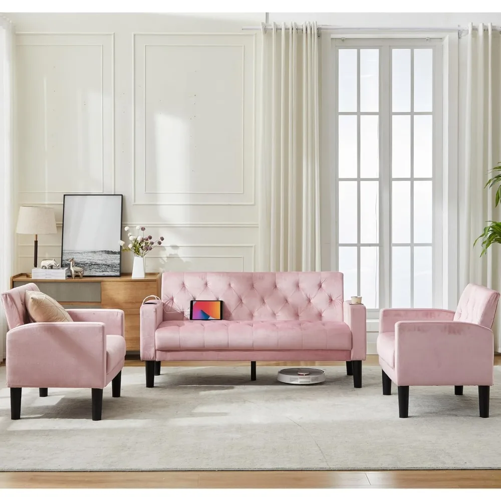 Mid-Century Modern Pink Velvet Loveseat Sofa Set with USB Ports and Cupholders, 3-Piece Living Room Furniture, Ideal for Small S 4