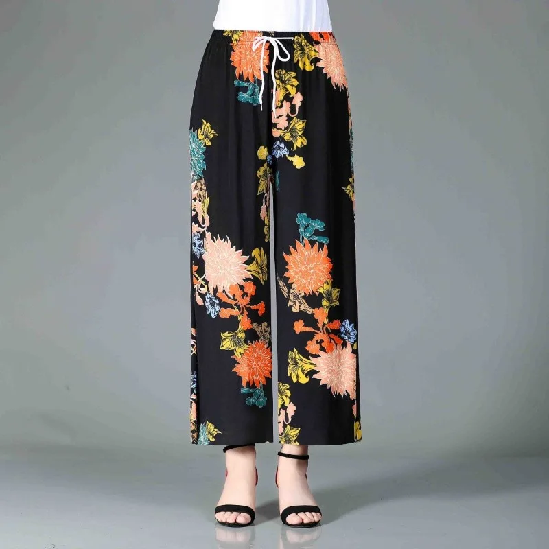 Autumn and Winter Women's High Waist Printing Drawstring Patchwork Elastic Loose Fashion Casual Elegant Commuter Wide Leg Pants