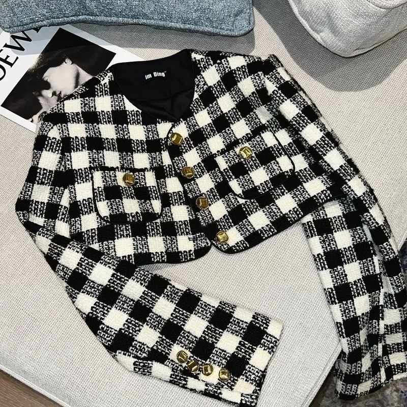 

Vintage White Black Plaid Jackets for Women Autumn Winter Elegant Chaquetas Invierno 2022 Mujer Short Wool Coats Parkas Femme