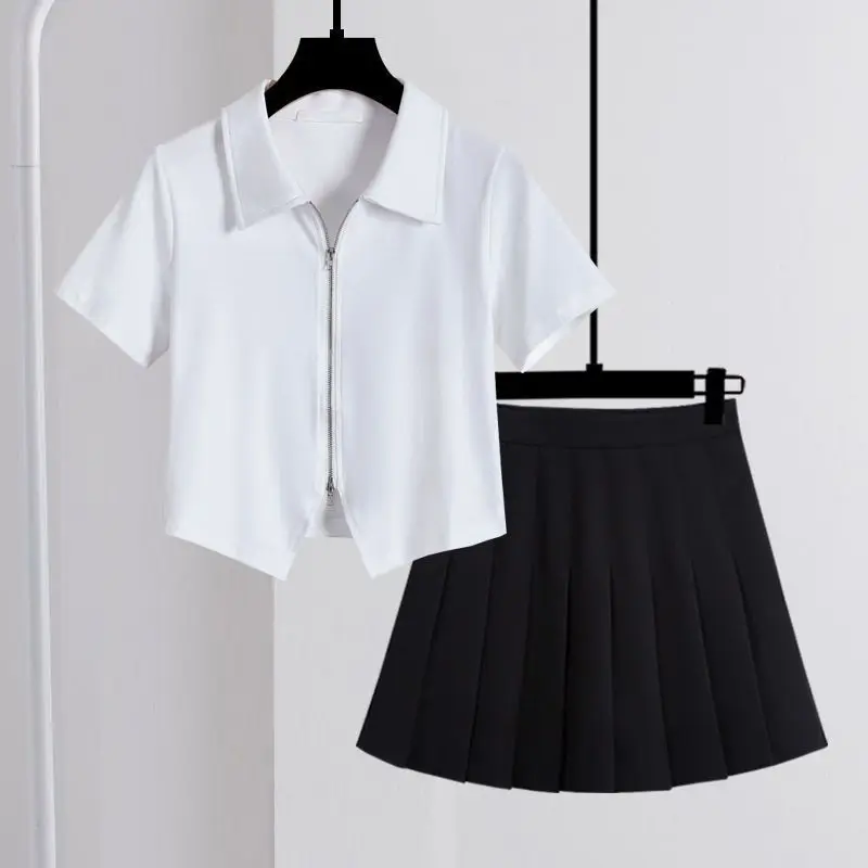 Summer fashion polo collar design with double zipper T-shirt slim fit short sleeved top and pleated skirt two-piece set