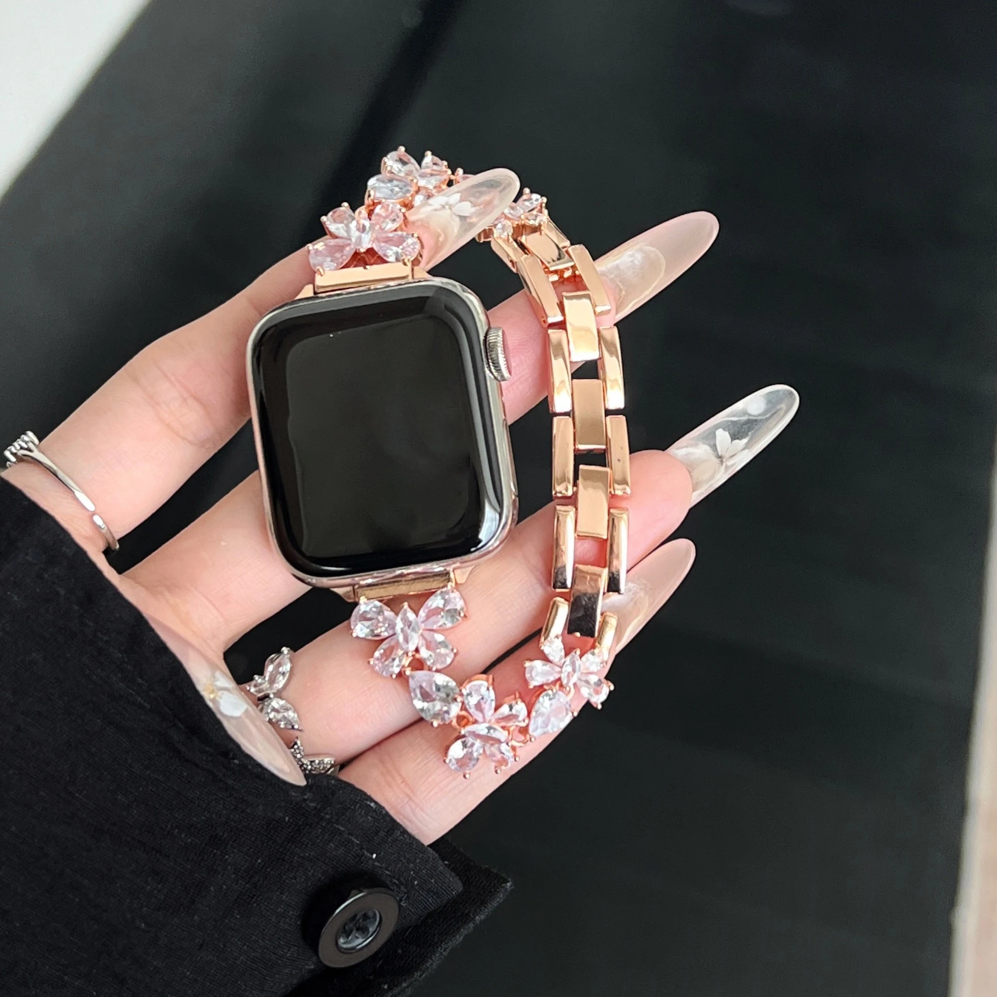 Luxuriöses Schmetterlings-Zirkonarmband für Apple Watch S10 46 mm 42 mm 45 mm 987 44 mm 41 mm, modisches Damen-Kupfer-Kettenarmband für IWatch 41 – Detail 19