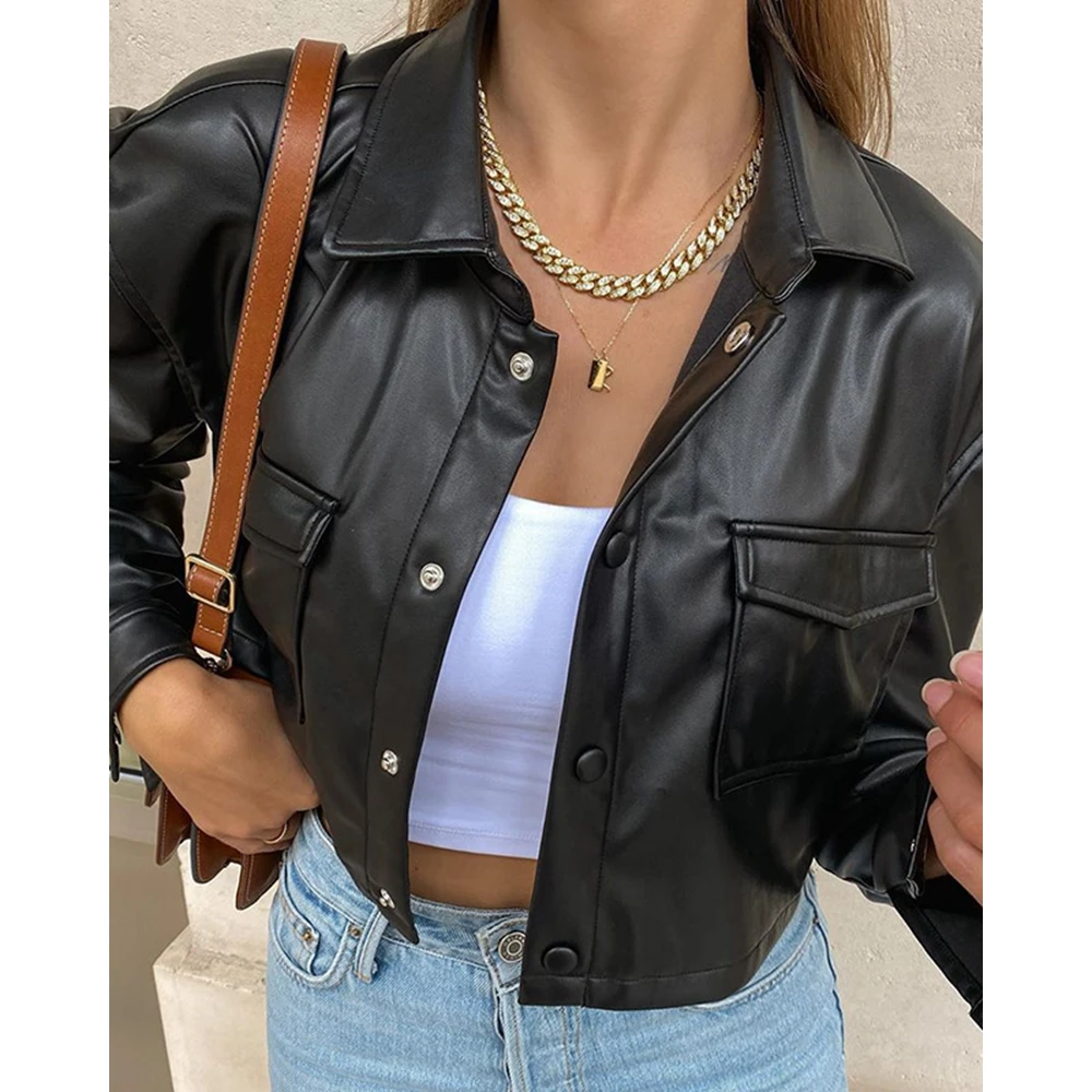 Fashion Women Pu Leather Jackets Streetwear Autumn Femme Casual Long Sleeve Turn-down Collar Cropped Coat Outfits y2k traf Cloth