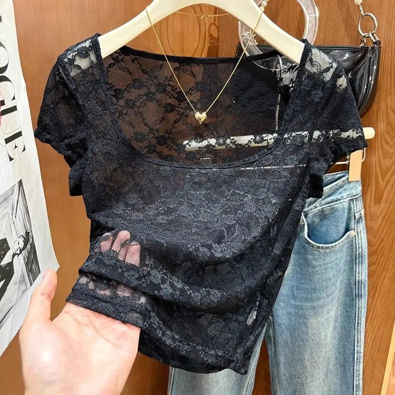 plus Size Ice Silk Lace ort Sve T-irt Women's Summer Pure Desire Me Thin Hollow out Low Ne Base Top