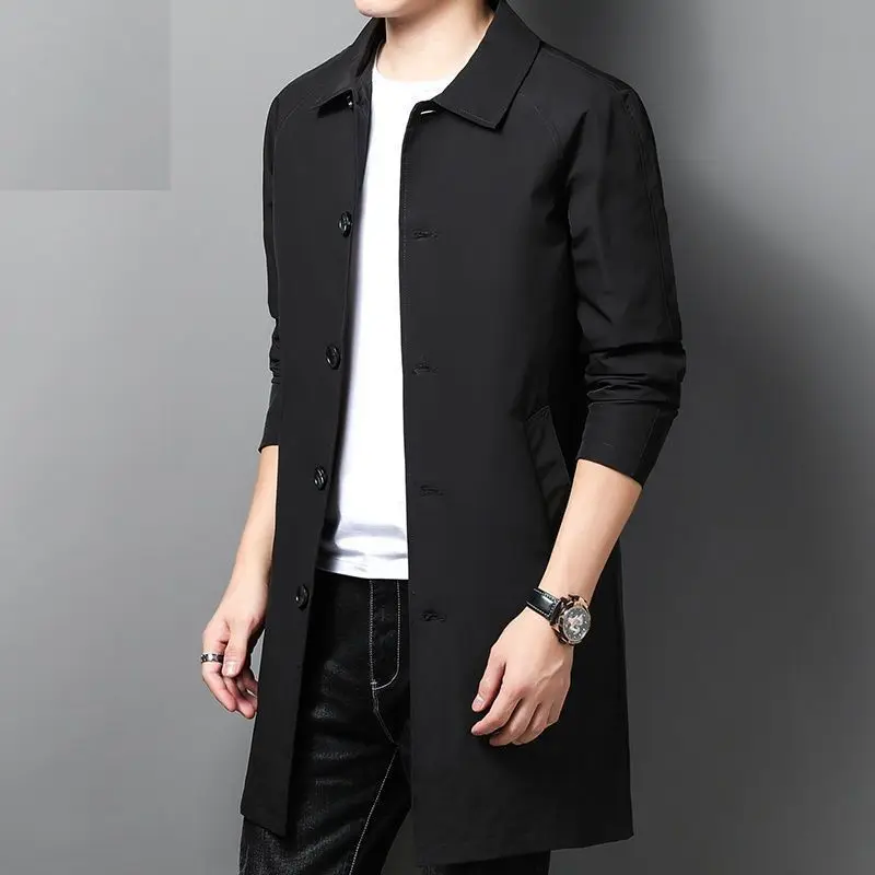 Spring Autumn Solid Color Turn-down Collar Long Sleeve Windbreaker Man High Street Casual Mid-length Button Pocket Cardigan