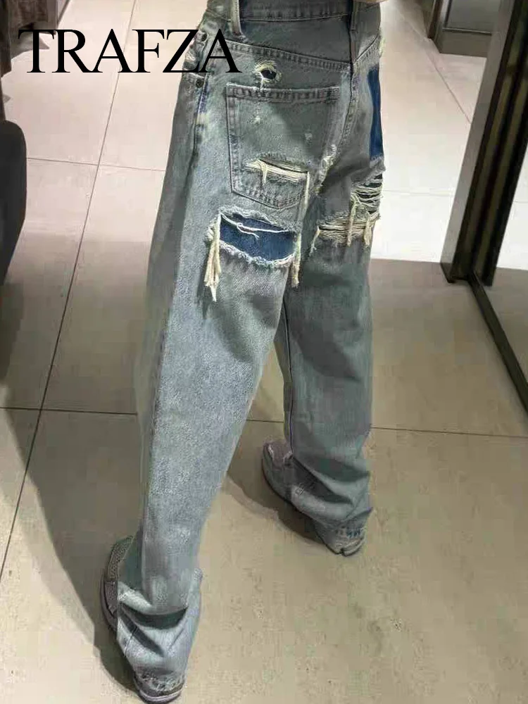 TRAF 2024 Fashion Women Casual Loose High Waist Blue Denim Trousers Female Wide Leg Jeans Long Pants High Street Ripped Jeans