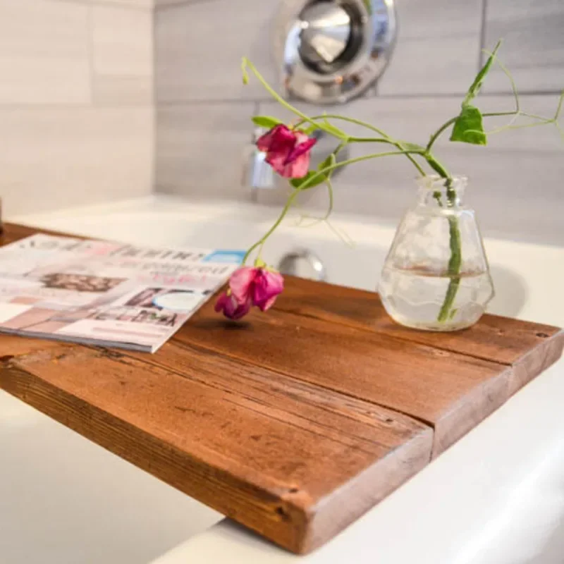 Solid Wood Bathtub Organizer Divider Shelf for Spa Hotel & Airbnb Bathrooms Natural Waterproof Storage with Bath Tray