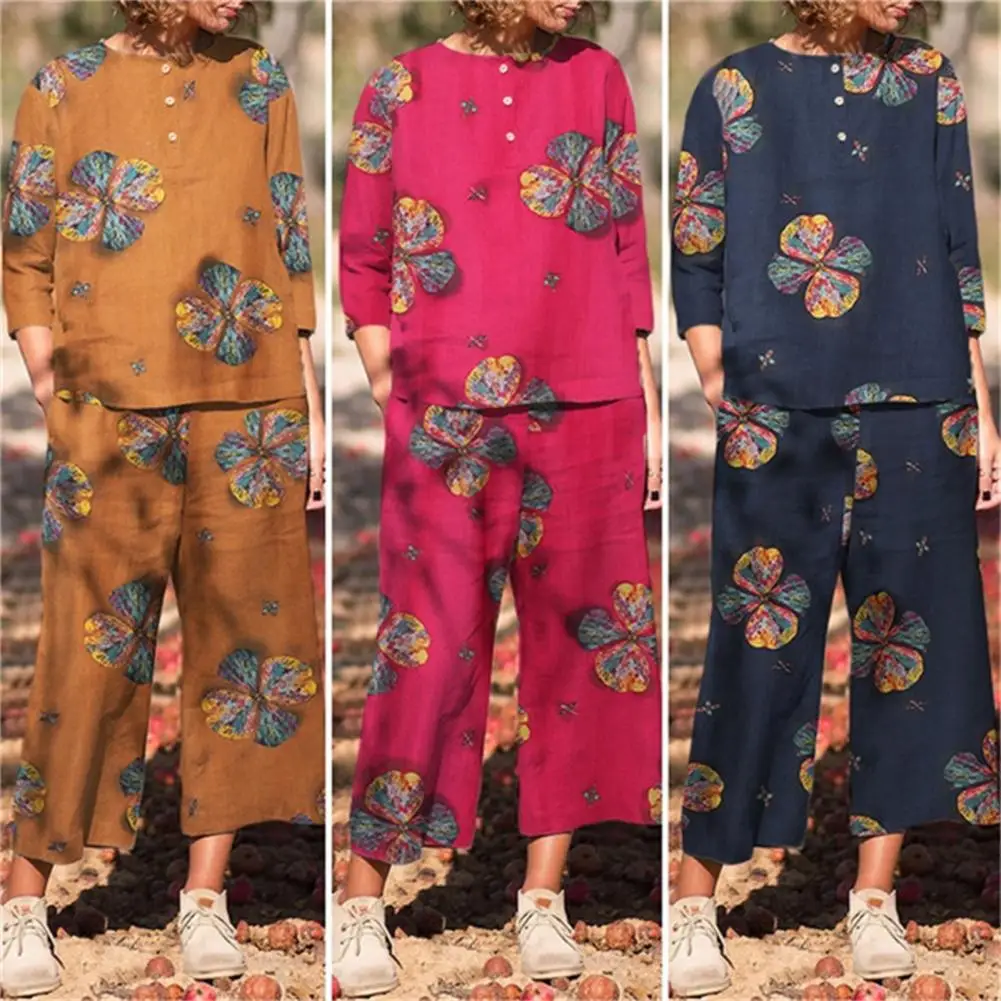 

2 Pcs/Set Summer Top Pants Suit Loose Buttons Pullover Three Quarter Sleeves Artistic Floral Print Wide Leg Blouse Pants Set