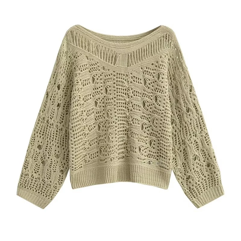 

YENKYE New Fashion Women Wide Round Neck Long Sleeve Openwork Knit Sweater