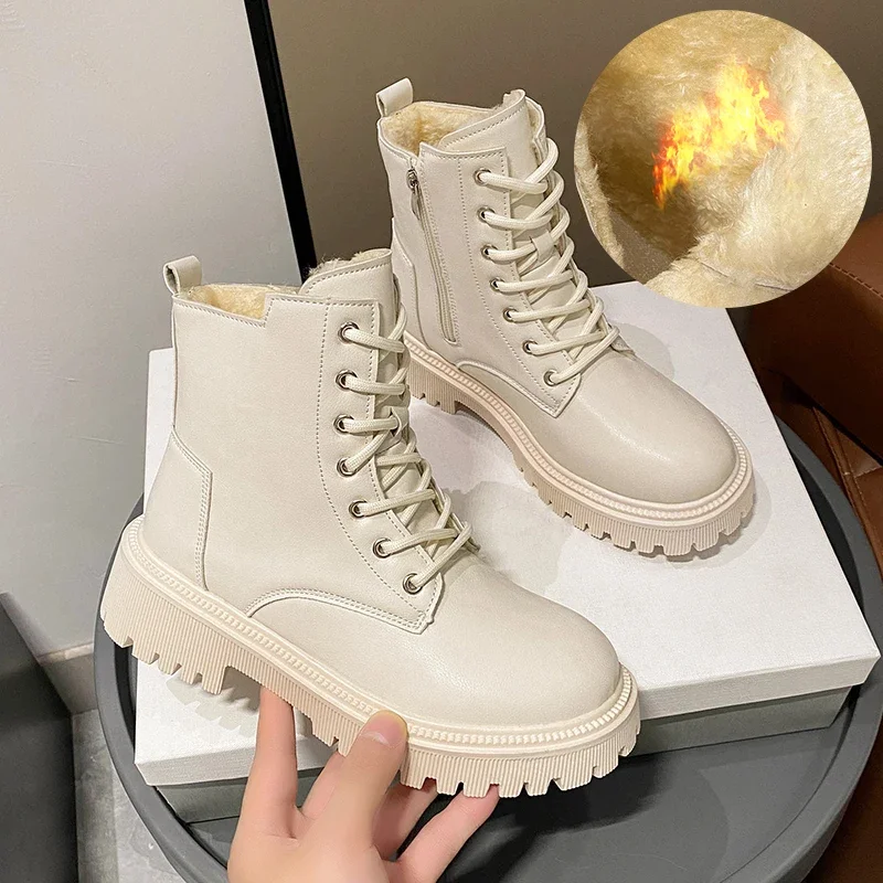 

Зимние женские ботильоны, новые теплые ботинки из искусственной кожи с утолщенным плюшем для снежной погоды, женские черные ботинки на плоской подошве со шнуровкой, женские резиновые ботинки