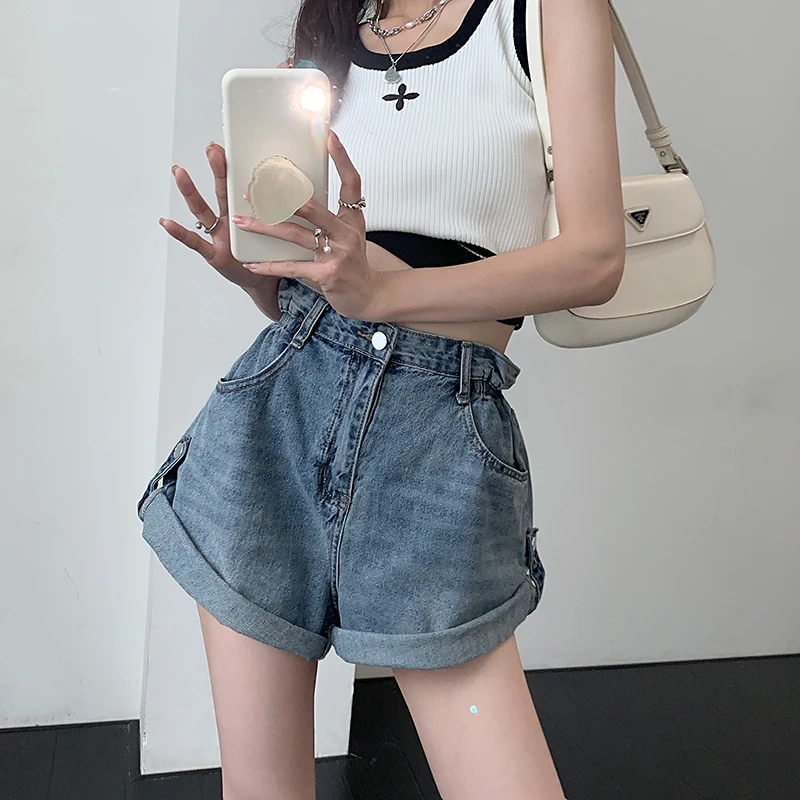 2023 Summer Jeans Women's Blue Commuter Shorts Curled Thin High Waist Slim Versatile Casual A-line Wide Leg Shorts