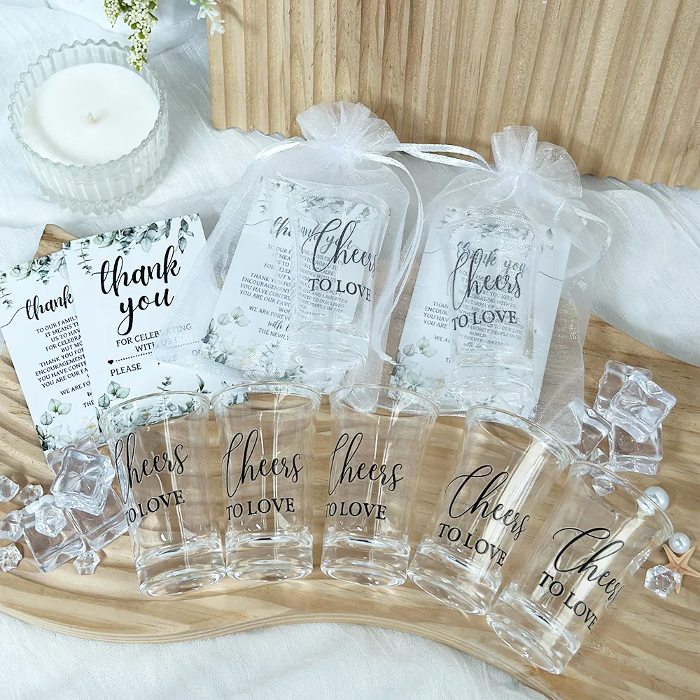 25 Sets Wedding Favors - Stainless Steel Shot Glasses With Thank You Cards & Organza Bags