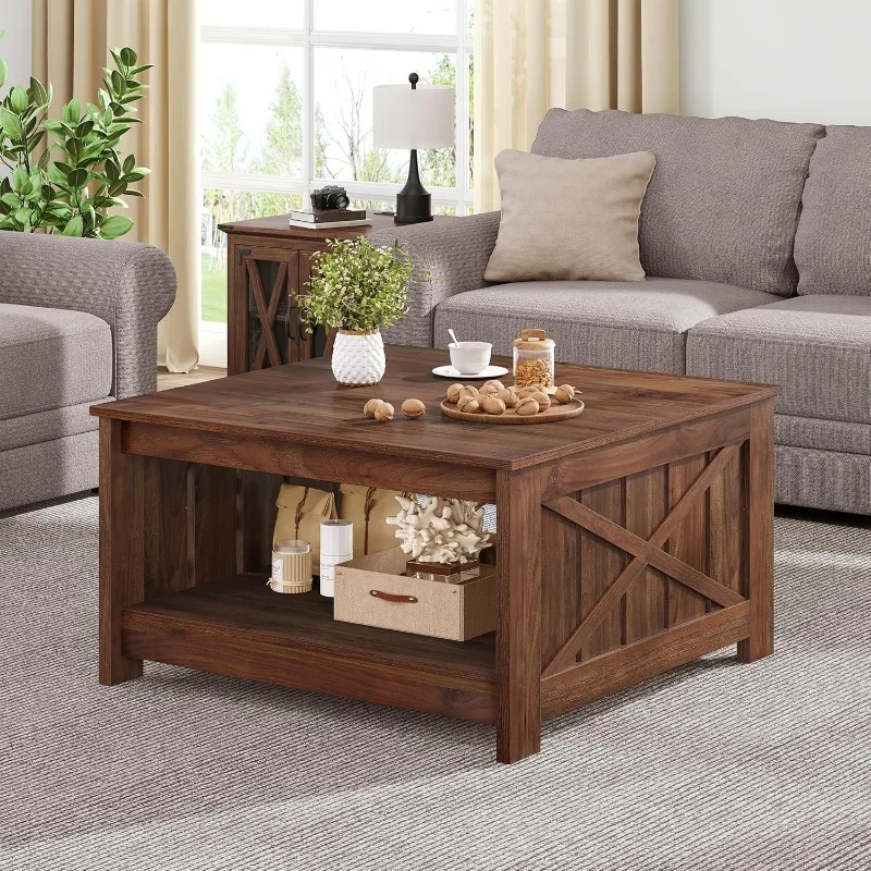 Living room rustic wooden cocktail table, square coffee table semi-open storage compartment 5