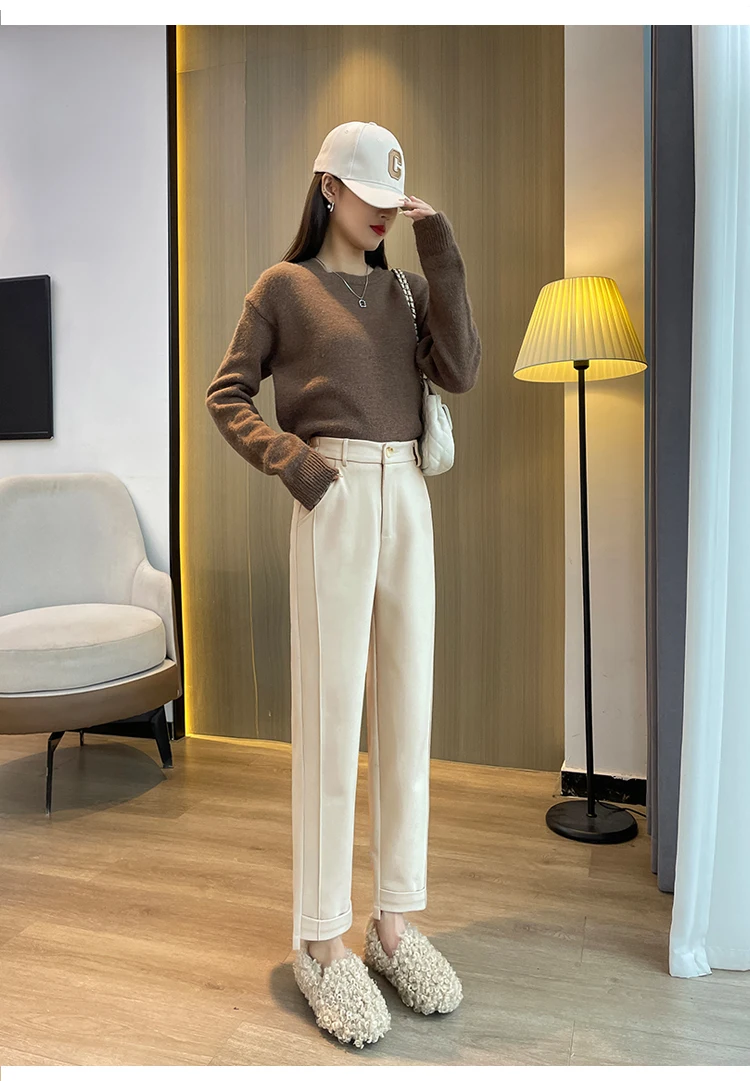 Wollhose für Damen, Harems-Bleistifthose, 2026, Herbst und Winter, hohe Taille, lässige Pantalones, beige, schwarze Damen, knöchellange Hose – Detail 10