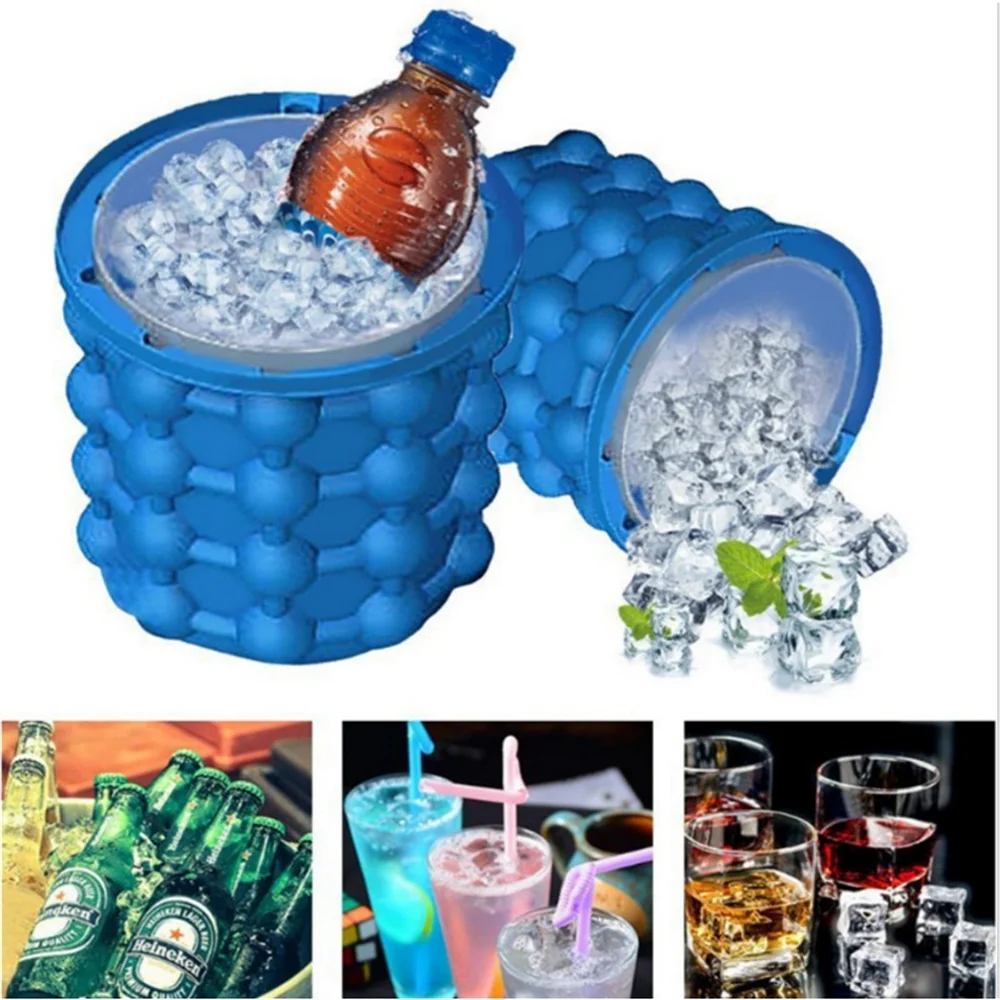 Ice Cube Mold Ice Trays Silicone Bucket Cup with Lid 2 in 1 Cube Maker for Frozen Cocktail Whiskey