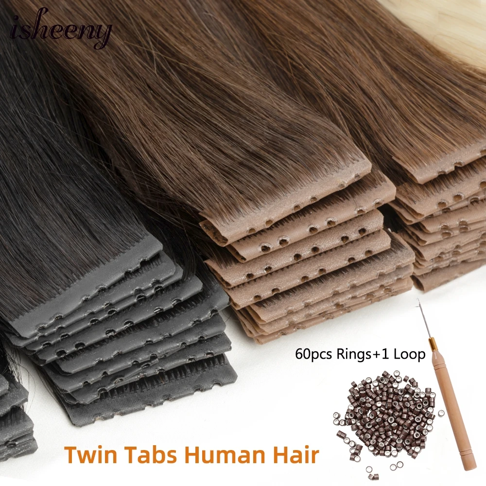 

isheeny Invisible Twin Tabs Hair Extensions 12-24 inches PU Skin Tape Human Hair 10pcs Natural Straight Micro Ring Weft Hair