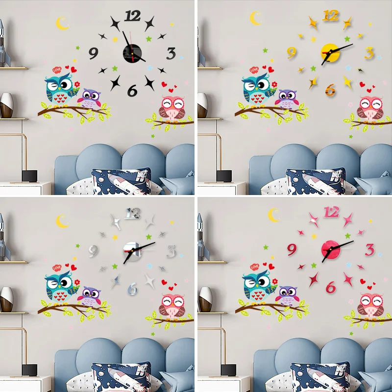 2022 Children'S Room 3D Diy Wall Clock Modern Home Decoration Owl Art Sticker Decal Acrylic Quartz Watch Living Wall Clocks