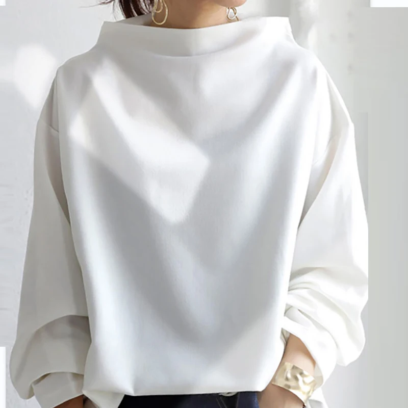 Autumn Simple Women's Long Sleeved Commuting Top New 2024 Streetwear Loose Blouses Casual Half High Collar Solid Color Pullover 6