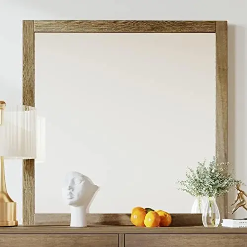 

Mirror with Wooden Frame, Decorative Rectangle Mirror for Bedroom, Bathroom, Entryway