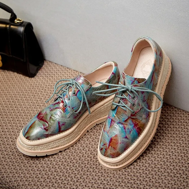 

Vintage Design Women Platform Wedge Flats Lace Up Straw Weave Height Increasing Espadrilles Blue Printing Casual Moccasins Femme