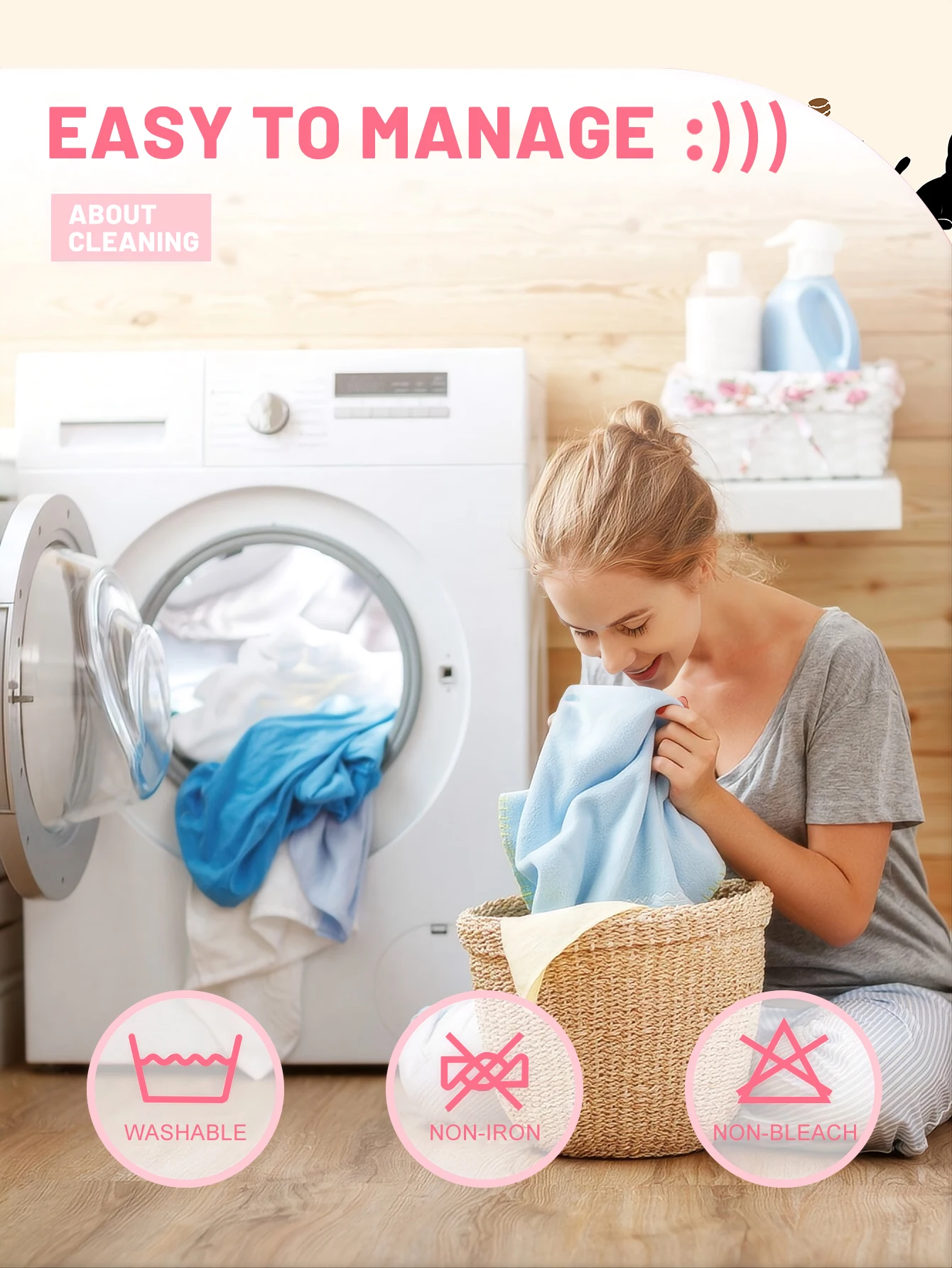 Woman smiles at clean clothes by washing machine, with KittyNook Cat Co. Cozy Cat Design Fitted Sheet for cat lovers.