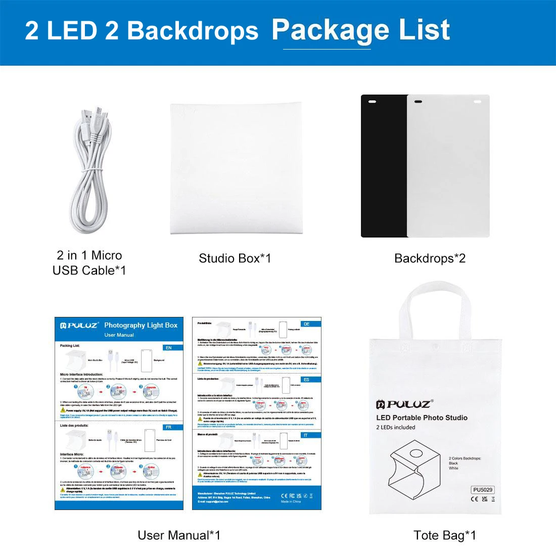 PULUZ 20cm Mini 2 LED Panels Folding Portable 1100LM Light Photo Lighting Studio Shooting Tent Box Kit with 6 2 Colors Backdrops