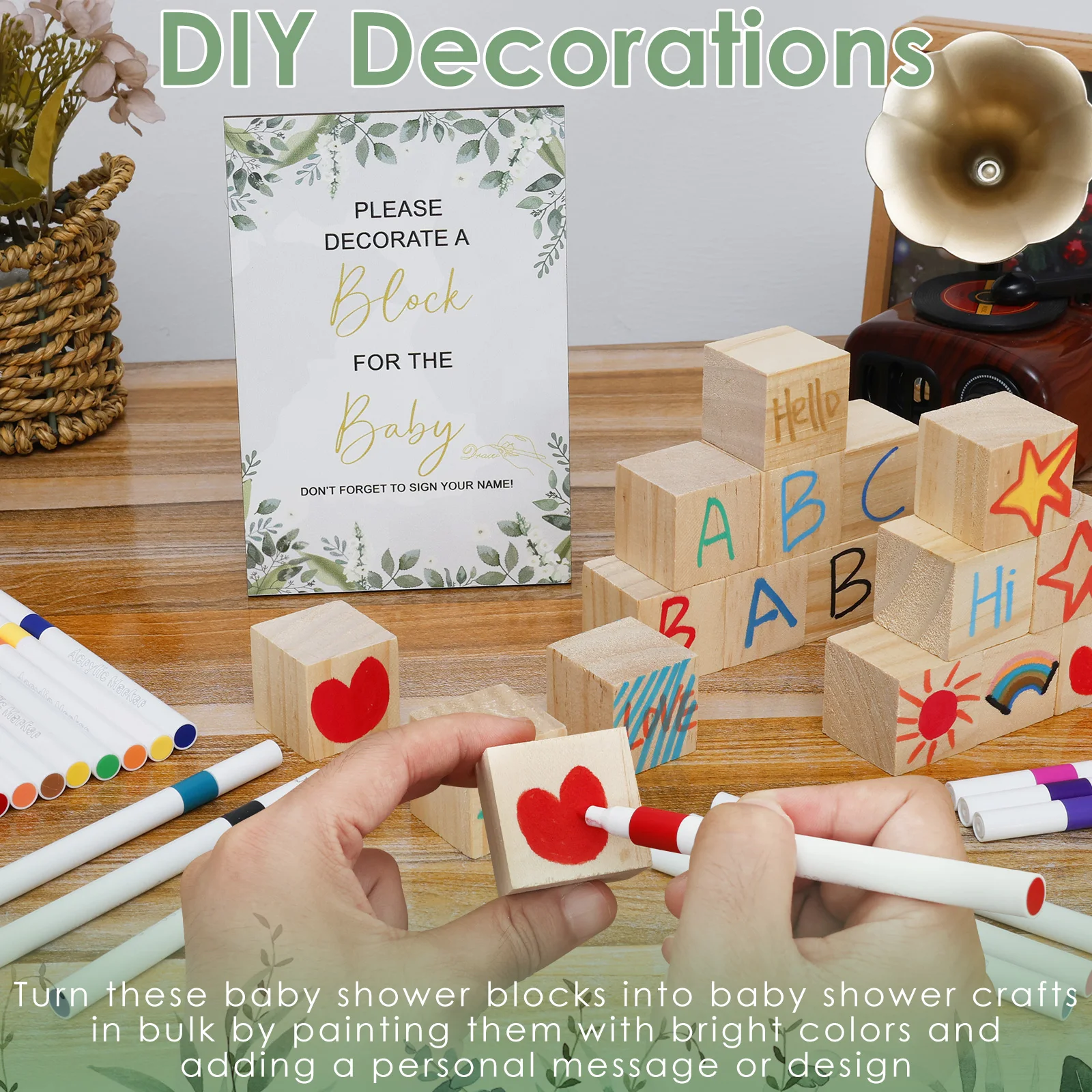 50/78Pcs Fun Baby Shower Games Sign Kit Baby Shower Wooden DIY Blank Blocks to Decorate Game Kit Freehand Painting Markers