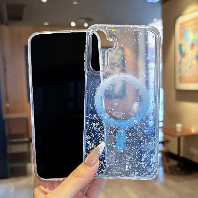 Glitter Star Transparent Magnetic Case with Magsafe Wireless Charging Compatible Soft Cover