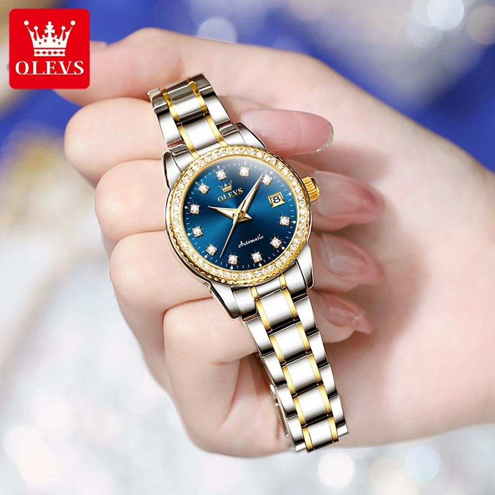 OLEVS 2024 New Luxury Diamond Dial Mechanical Watch for Women Fashion Elegant Ladies Dress Bracelet Automatic Wristwatches Women