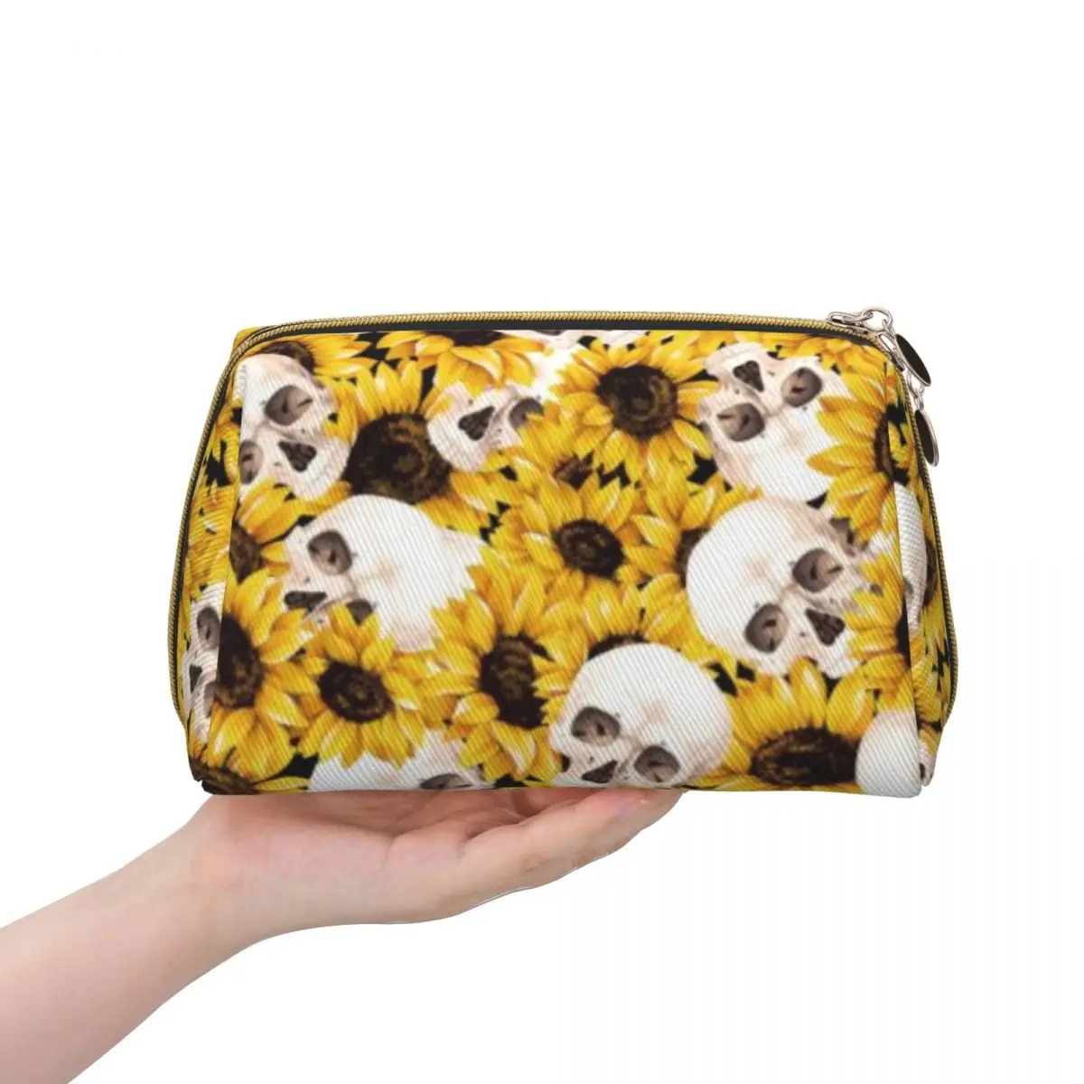 

Skull Head Sunflower Designer Large Cosmetic Bag Portable Leather Makeup Pouch Women Waterproof Bathroom Washbag Toiletry Kit